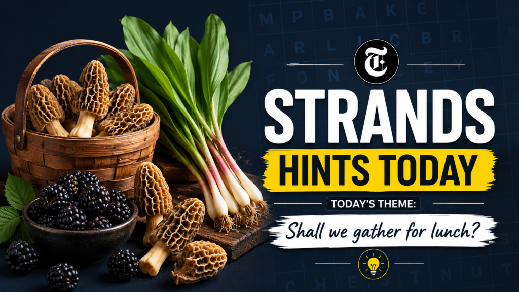 A stylish, professional gaming blog header graphic showing a stylized modern puzzle matrix layout with forest floor edibles reflecting the NYT Strands "Shall we gather for lunch" theme.