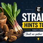 A stylish, professional gaming blog header graphic showing a stylized modern puzzle matrix layout with forest floor edibles reflecting the NYT Strands "Shall we gather for lunch" theme.