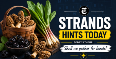 A stylish, professional gaming blog header graphic showing a stylized modern puzzle matrix layout with forest floor edibles reflecting the NYT Strands "Shall we gather for lunch" theme.