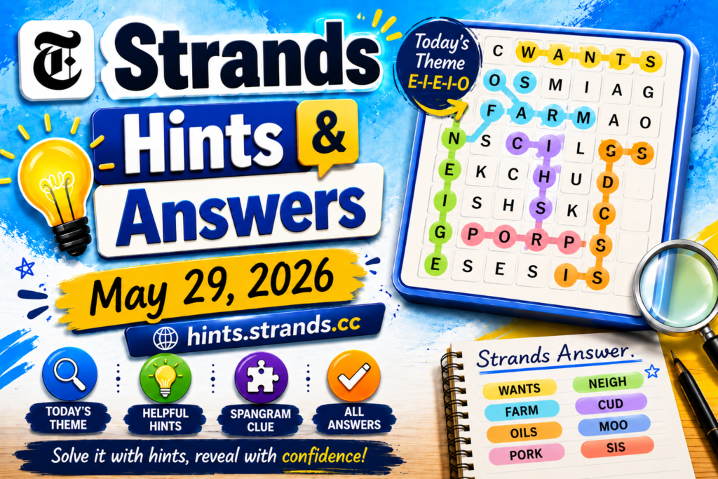 A stylish, professional gaming blog header graphic showing a stylized modern puzzle matrix layout with classic farm elements reflecting the NYT Strands "E-I-E-I-O" theme.