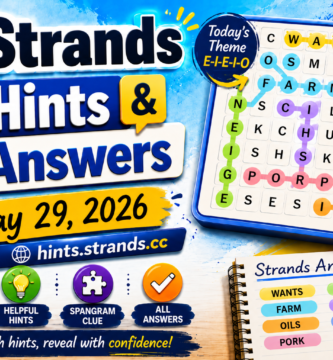 A stylish, professional gaming blog header graphic showing a stylized modern puzzle matrix layout with classic farm elements reflecting the NYT Strands "E-I-E-I-O" theme.