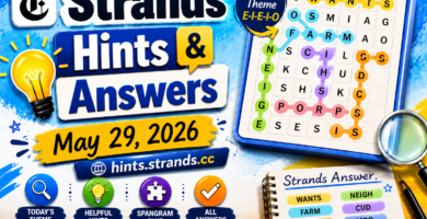 A stylish, professional gaming blog header graphic showing a stylized modern puzzle matrix layout with classic farm elements reflecting the NYT Strands "E-I-E-I-O" theme.
