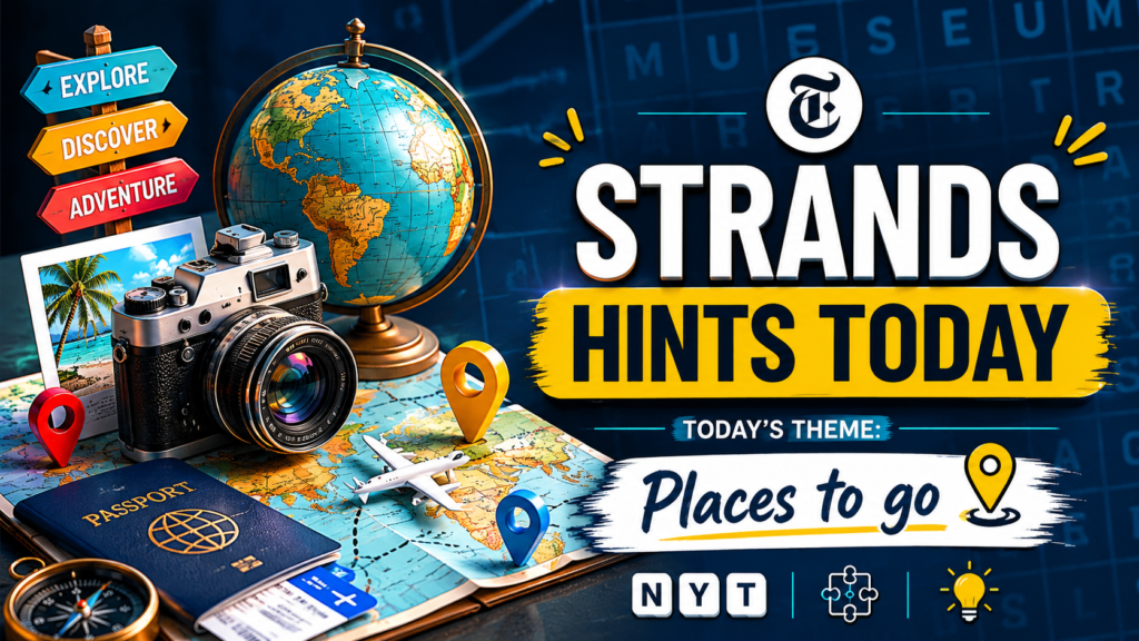 A stylish, professional gaming blog header graphic showing a stylized modern puzzle matrix layout with vacation concepts reflecting the NYT Strands "Places to go" theme.
