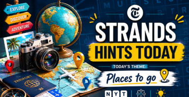A stylish, professional gaming blog header graphic showing a stylized modern puzzle matrix layout with vacation concepts reflecting the NYT Strands "Places to go" theme.