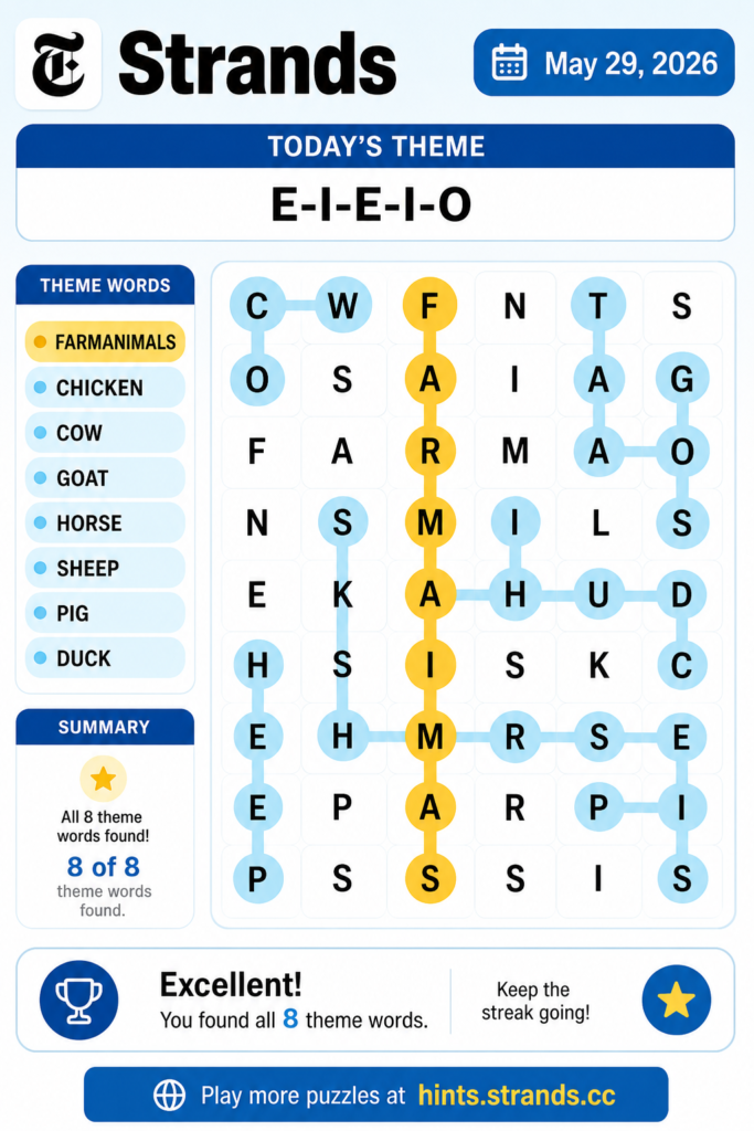 The final solved layout of the NYT Strands #817 puzzle board showing the vertical golden Spangram FARMANIMALS and highlighted theme words including Chicken, Cow, Goat, Horse, Sheep, Pig, and Duck.